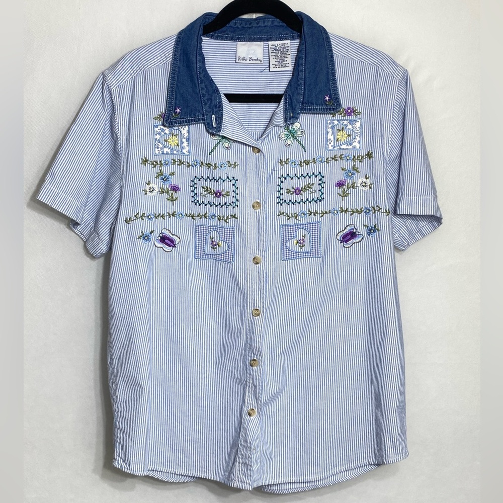 Bobbie Brooks Blue and White Striped Shirt button Large denim collared